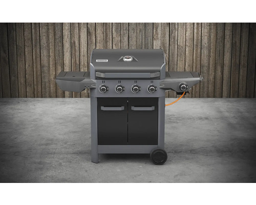 Gasbarbecue met vier branders, zijtafels en onderkast