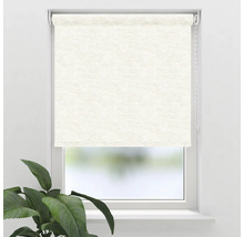 Raam met beige, halfgesloten rolgordijn van stof