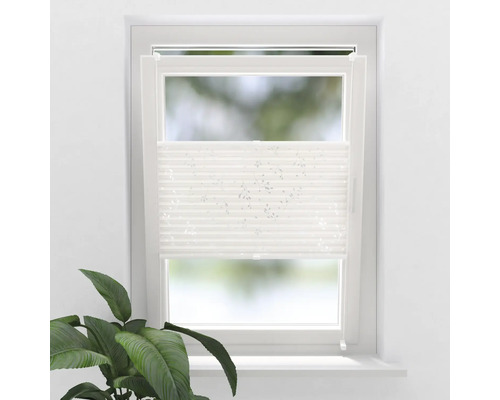 Wit plisségordijn op raam voor privacy en zonwering.