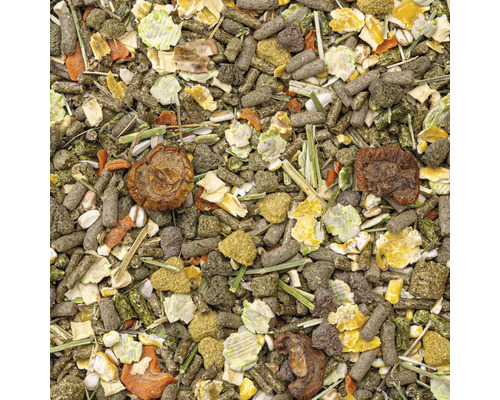 Close-up van knaagdierenvoer met groenten en granen