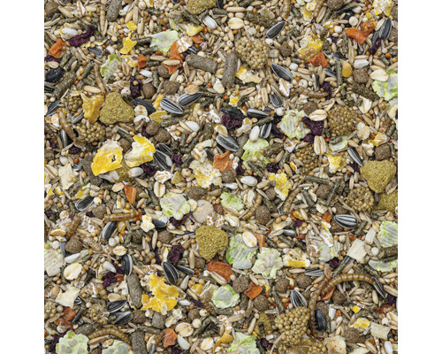 Close-up van diervoeder met zaden, groenten en granen