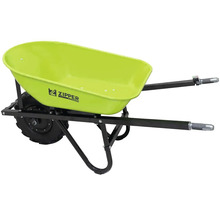 Groene kruiwagen met één wiel voor het vervoeren van materialen in de tuin of op de bouwplaats.