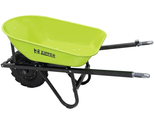 Groene kruiwagen met één wiel voor het vervoeren van materialen in de tuin of op de bouwplaats.