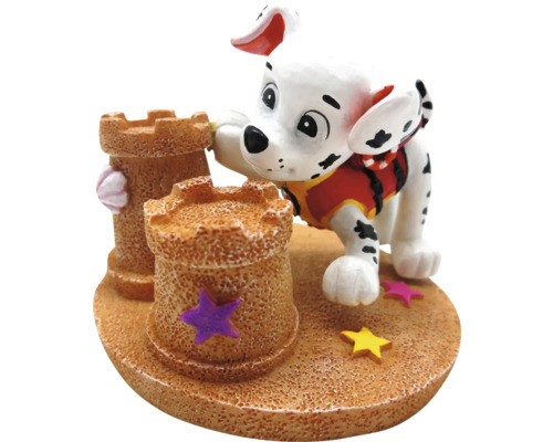 Decoratie voor aquarium met hondenfiguur en zandkasteel