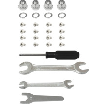 Montageset met schroeven, moeren, ringen, schroevendraaier en steeksleutels