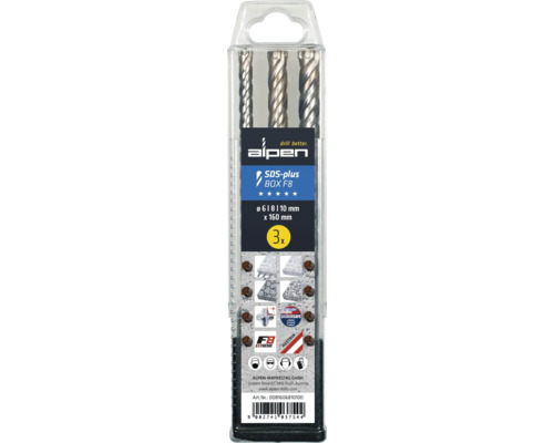 Alpen SDS-plus boor set met drie boren in de maten 6, 8 en 10 mm, lengte 160 mm