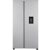 Zilverkleurige side-by-side koelkast met waterdispenser