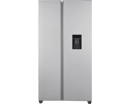 Zilverkleurige side-by-side koelkast met waterdispenser