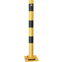 Geel-zwarte beschermpaal met voetplaat voor het afzetten van gebieden.