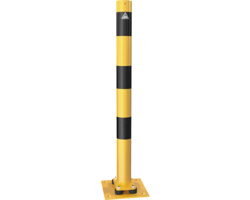 Geel-zwarte beschermpaal met voetplaat voor het afzetten van gebieden.