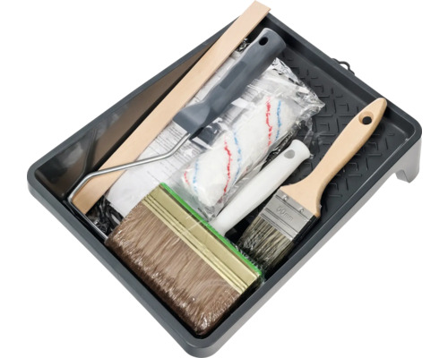 Verfset met verfbak, verfroller, kwast en verfbeugel
