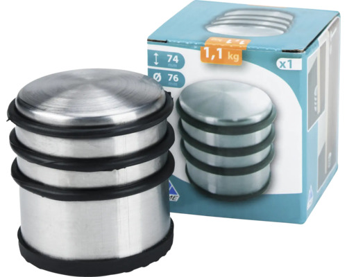 Metalen deurstopper met rubberen ringen en productverpakking