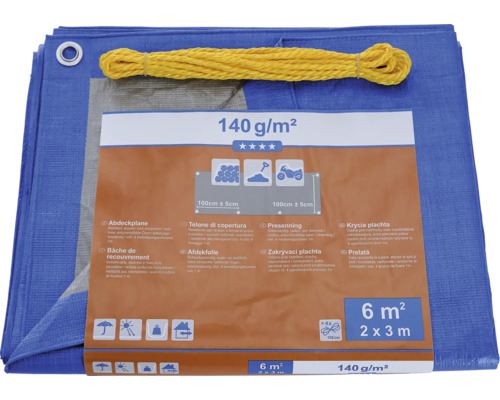 Blauw afdekzeil, 2 bij 3 meter, 140 gram per vierkante meter