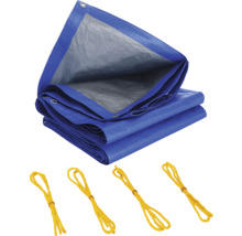 Blauw afdekzeil met ogen en gele spanbanden