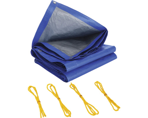 Blauw afdekzeil met ogen en gele spanbanden