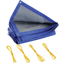 Blauw zeildoek met ogen en gele touwen