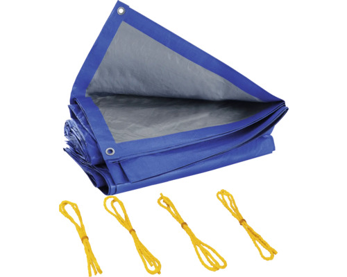 Blauw zeildoek met ogen en gele touwen