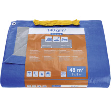 Blauw afdekzeil met een gewicht van 140 gram per vierkante meter en geel touw