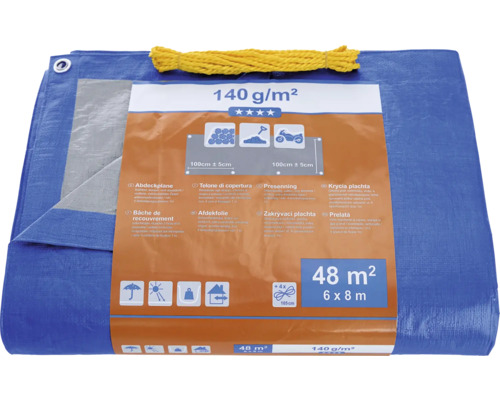 Blauw afdekzeil met een gewicht van 140 gram per vierkante meter en geel touw
