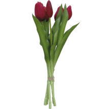 Boeket kunstmatige, rode tulpen met groene bladeren