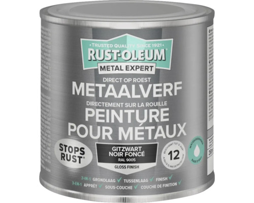 RUST-OLEUM Metal Expert Metaalverf direct op roest hoogglans waterbasis RAL 9005 gitzwart 250 ml