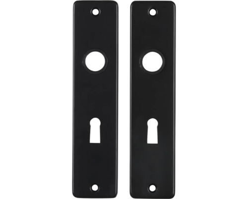 Twee zwarte deurplaten met sleutelgat en boorgaten voor bevestiging.