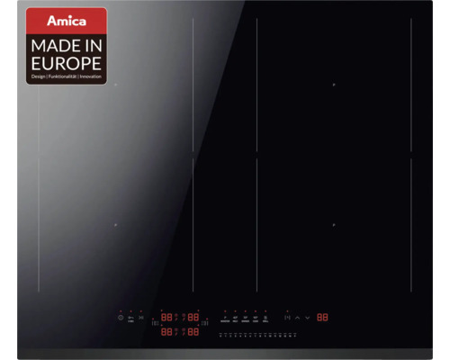 Zwarte Amica inductiekookplaat met vier kookzones en digitale display.