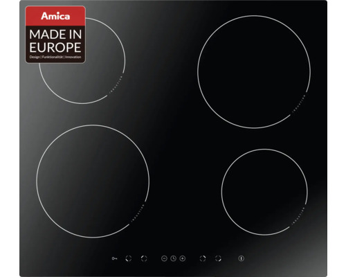 Amica inductiekookplaat met vier kookzones en Amica logo