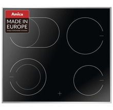 Zwarte keramische kookplaat met vier kookzones en het Amica logo.