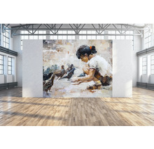 Schilderij van een persoon die duiven voert, tentoongesteld in een ruimte.
