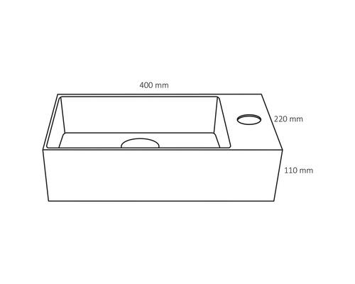 Schets van een wastafel met afmetingen van 400 mm breed, 220 mm diep en 110 mm hoog.