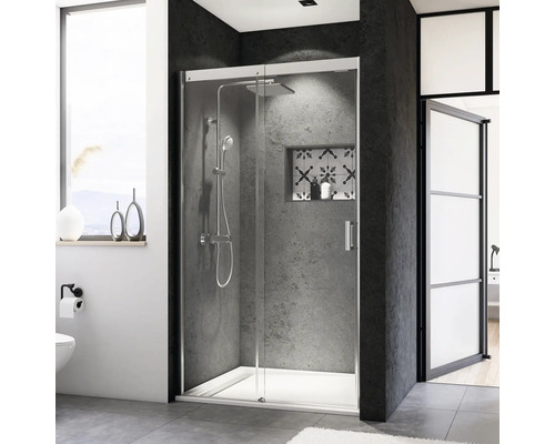 BREUER Nis schuifdeur Panorama Soft&Silent vast glasdeel links 140x200 cm chroom Douchecabine met douchekop en handdouche in een badkamer met grijze wanden