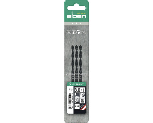 Alpen HSS Sprint boorset, drie stuks, 3.0 millimeter