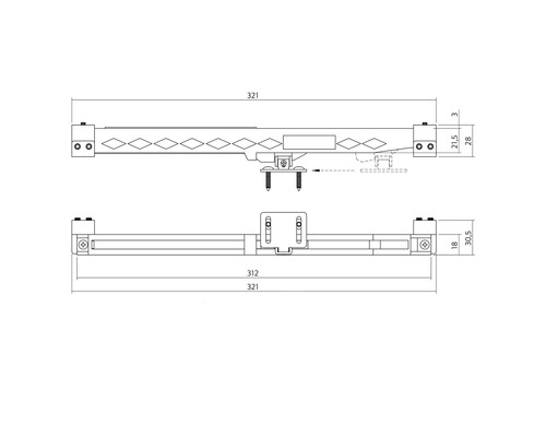 Technische tekening van een raambeslag met maataanduidingen.