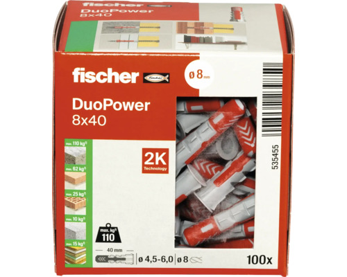 Fischer pluggen DuoPower 8x40, 100 stuks in verpakking