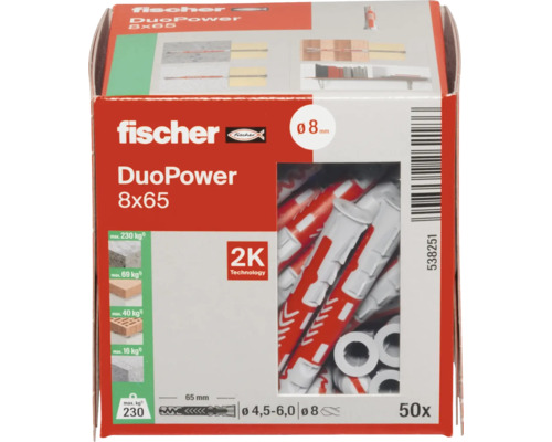 Fischer pluggen DuoPower 8x65, 50 stuks in een verpakking