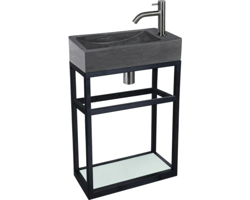 Wastafelmeubel met stenen wastafel en zwart metalen frame