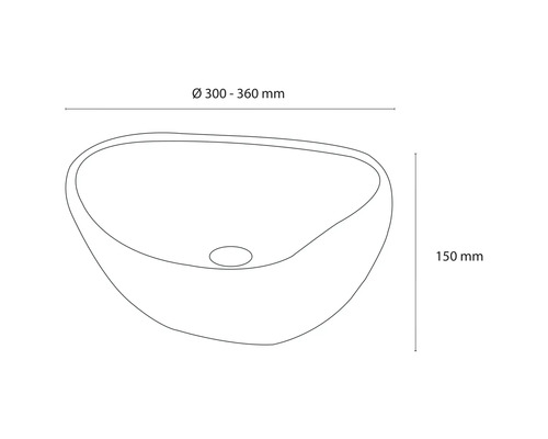 Schets van een waskom met de afmetingen diameter 300 tot 360 millimeter en hoogte 150 millimeter.