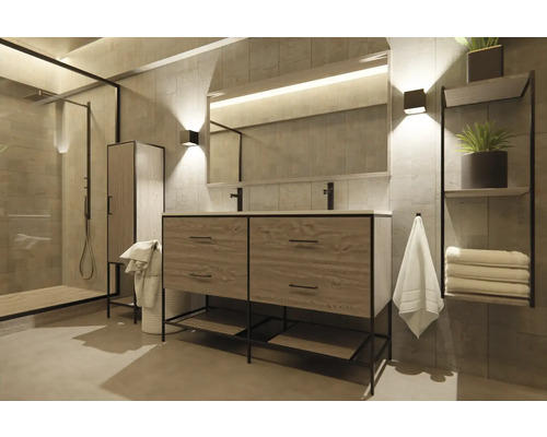 Lichte badkamer met wastafel, spiegel, rek en douche