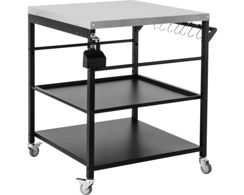 Serveertrolley met werkblad, twee planken, flesopener en haken