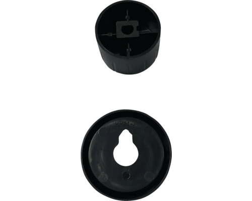 Twee zwarte kunststof bevestigingsmiddelen vanuit verschillende perspectieven