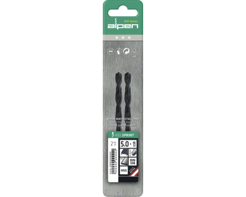 Alpen HSS Sprint metaalboor set, 2 stuks, 5.0 millimeter