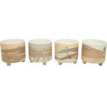 Vier keramische bloempotten met woestijnmotieven en kleine voetjes