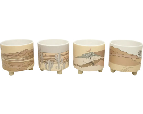 Bloempot Matteo Keramiek Ø 8,5 cm Vier keramische bloempotten met woestijnmotieven en kleine voetjes