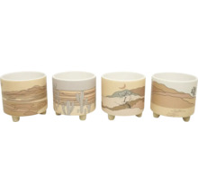 Vier beige plantenpotten met woestijnthema op poten