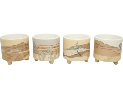 Bloempot Matteo Keramiek Ø 10,5 cm Vier beige plantenpotten met woestijnthema op poten