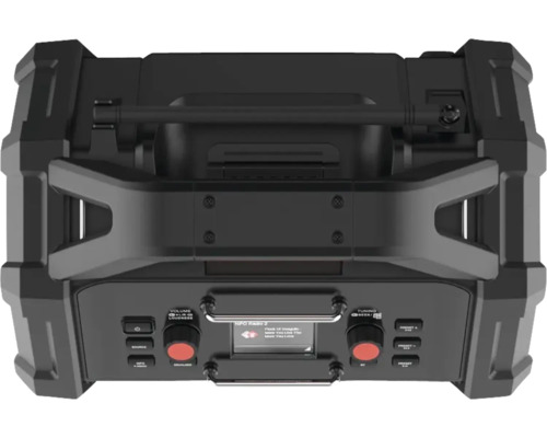 Zwarte draagbare luidspreker met bedieningselementen en scherm