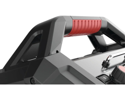 Gedetailleerd beeld van een draagbare luidspreker met handgreep en bedieningselementen