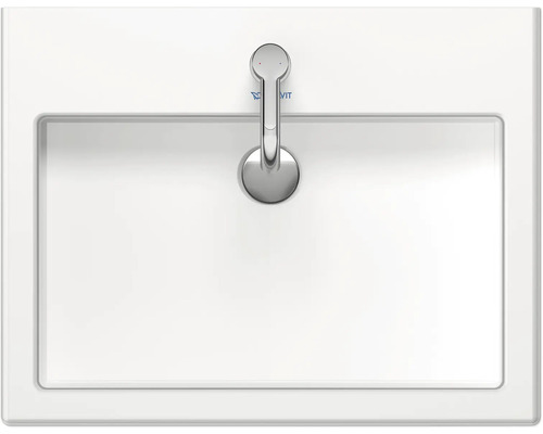 Bovenaanzicht van een rechthoekige wastafel met kraan