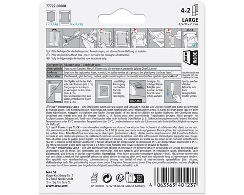 Tesa Powerstrips Click Large 4x2, geschikt voor gladde oppervlakken, voor spoorloos verwijderen
